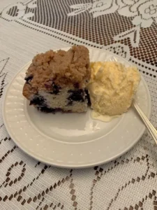 Blueberry Buckle and a scoop of vanilla ice cream
