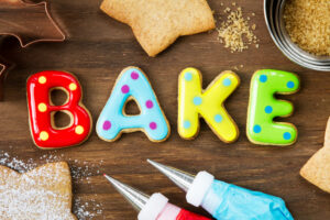 Cookies that spell the word 'bake'