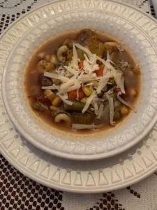 A bowl of vegetable beef soup